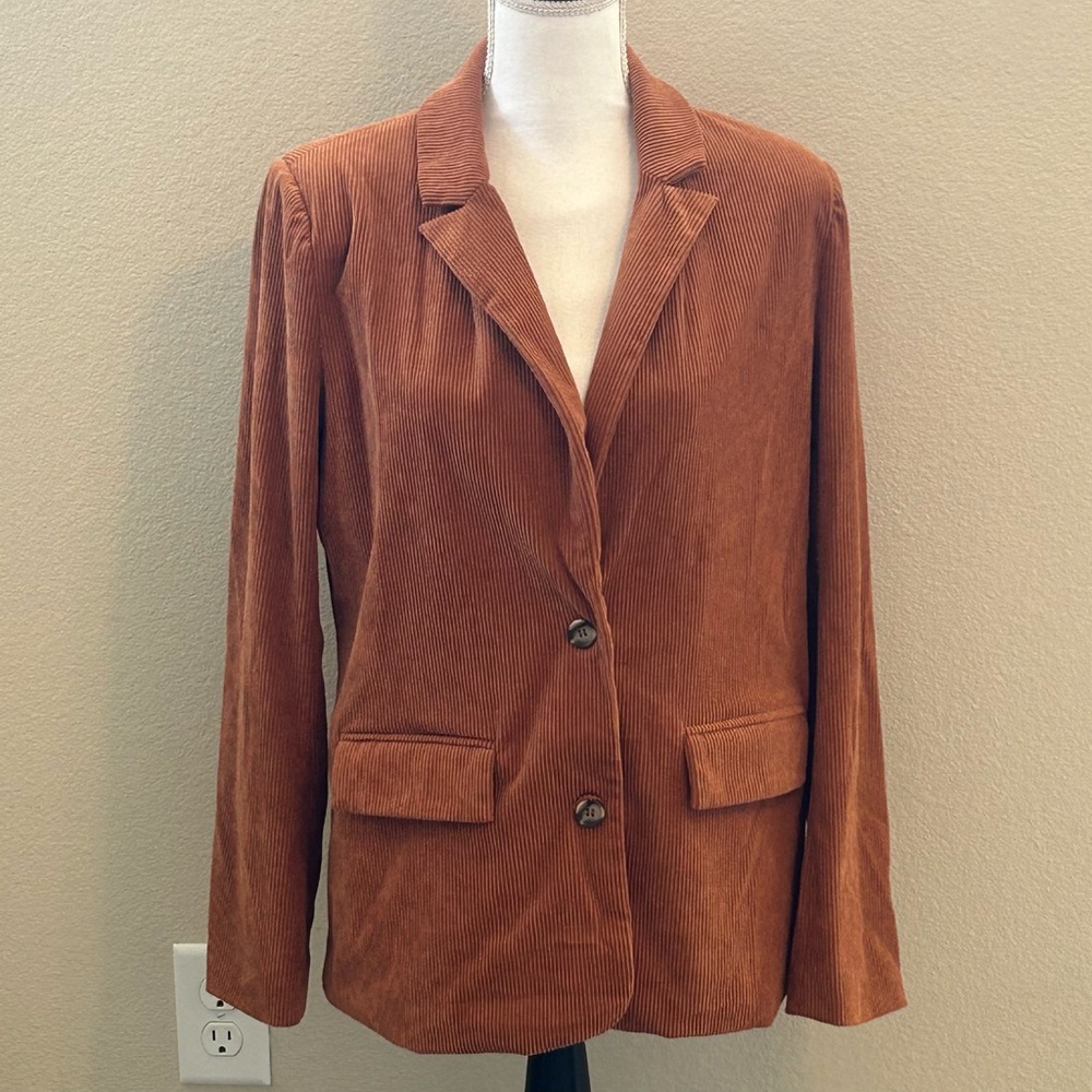 Pink Lily size medium rust colored button down corduroy jacket.